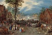 Jan Brueghel The Elder Village Scene with a Canal, oil on canvas